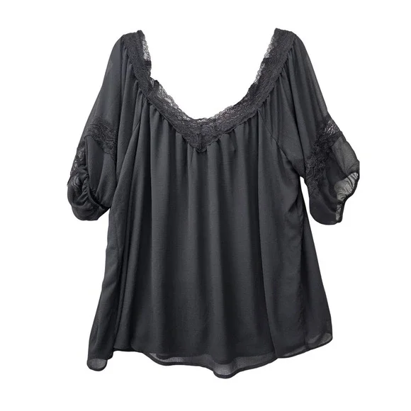 Torrid Black Lace Trim Off Shoulder Chiffon Blouse Plus Size 1 Boho Top - Picture 1 of 9